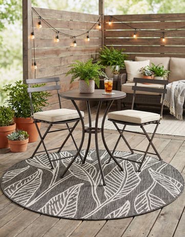 Ivory Charcoal Easy-Clean Botanical Indoor / Outdoor Round Rug