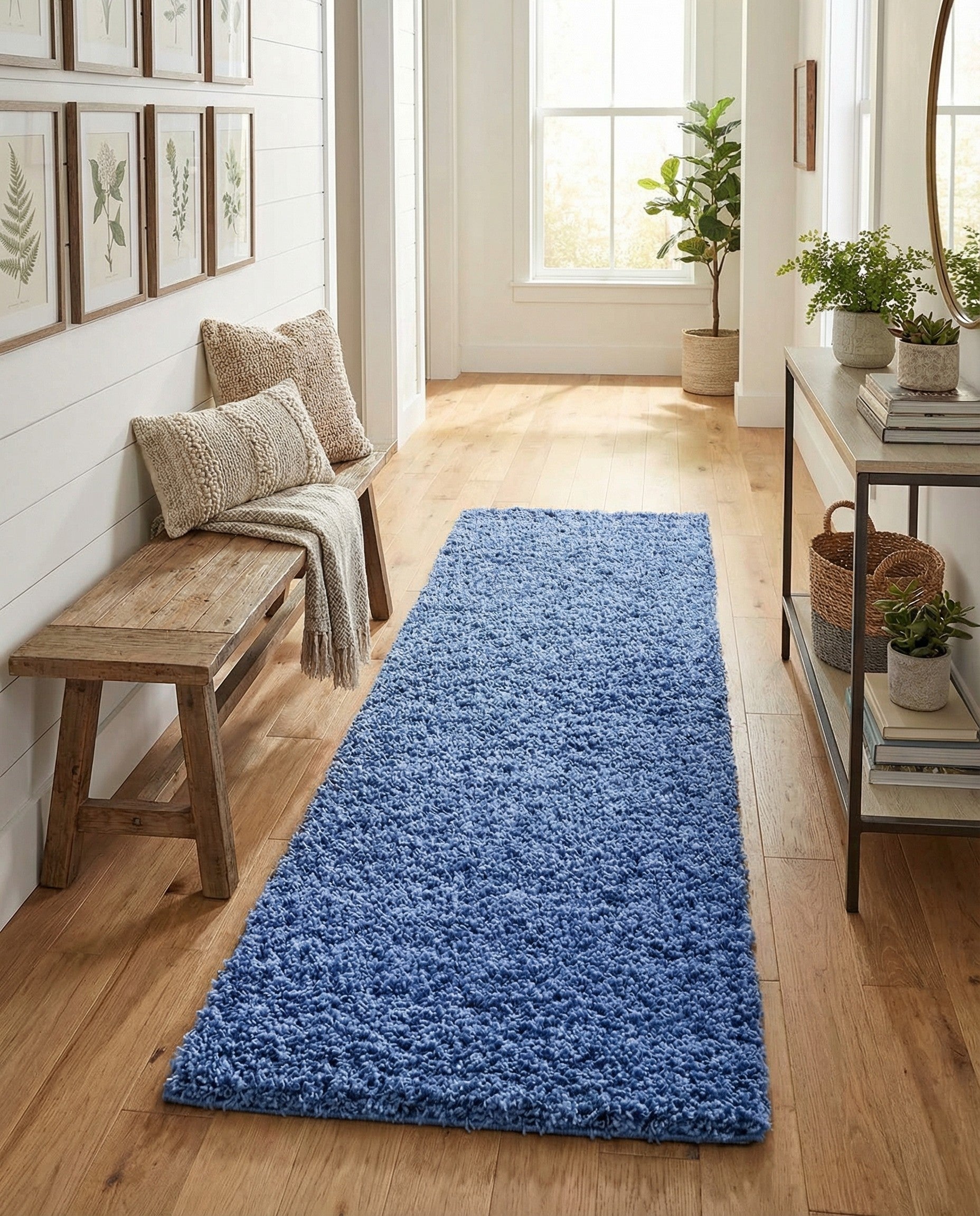 A long, rectangular 20 ft runner rug in a vibrant solid blue color, featuring a soft, textured shag pile.