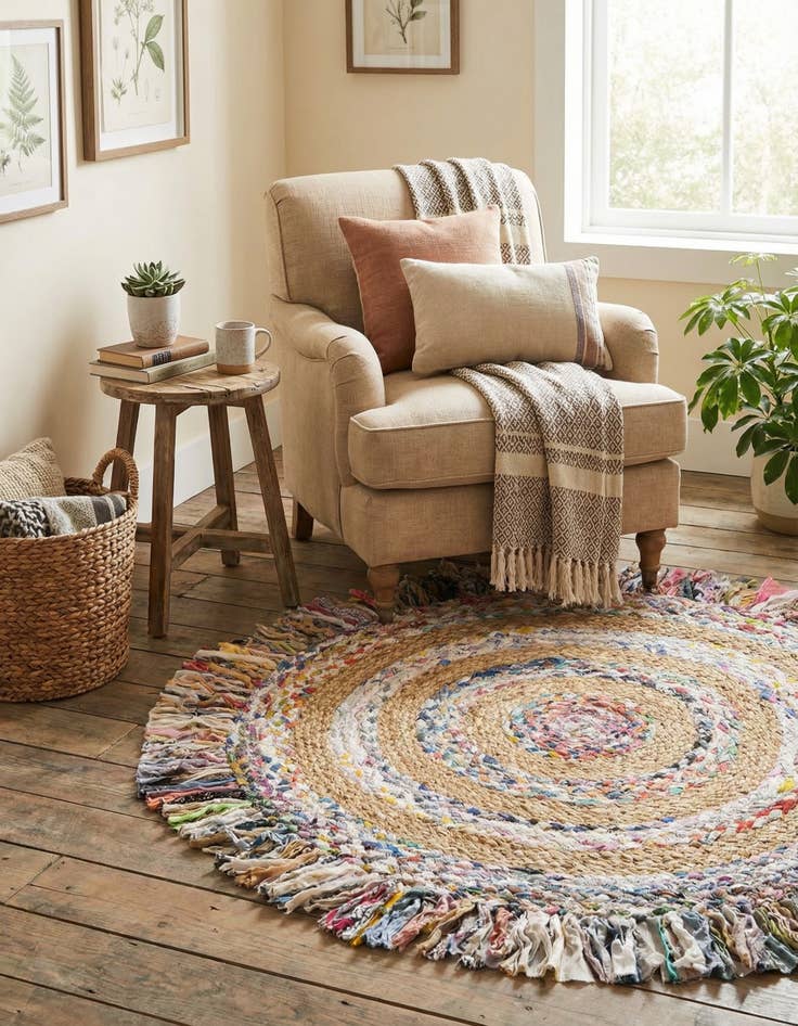 Detail image of 2' x 2'  Hand Braided Chindi Jute Round Rug