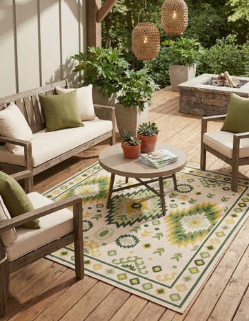 Beige and Green Easy-Clean Baja Indoor / Outdoor Square Rug