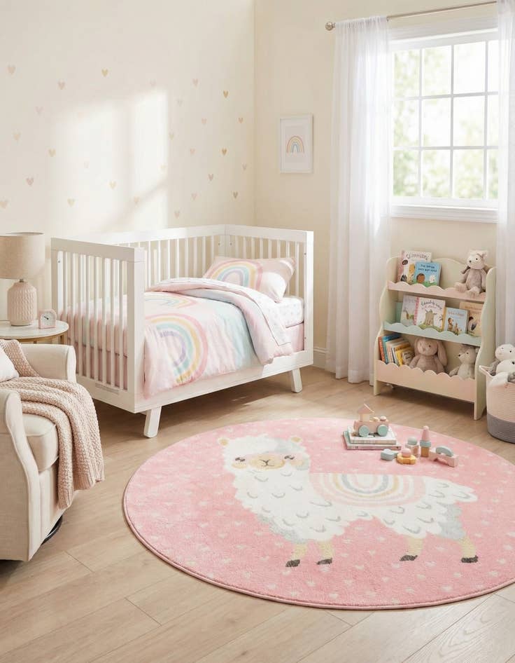 Detail image of 5' 3 x 5' 3 Llama Whimsy Kids Round Rug