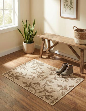 Beige Easy-Clean Botanical Indoor / Outdoor Rug