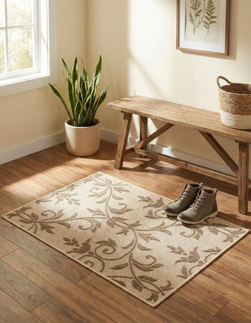 Beige Easy-Clean Botanical Indoor / Outdoor Rug