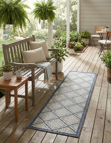Navy Blue Easy-Clean Lattice Indoor / Outdoor Runner Rug