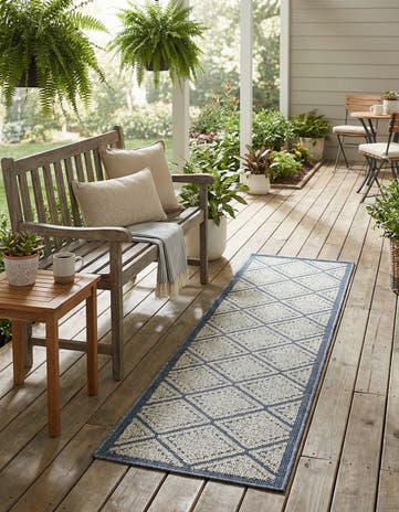 Navy Blue Easy-Clean Lattice Indoor / Outdoor Runner Rug