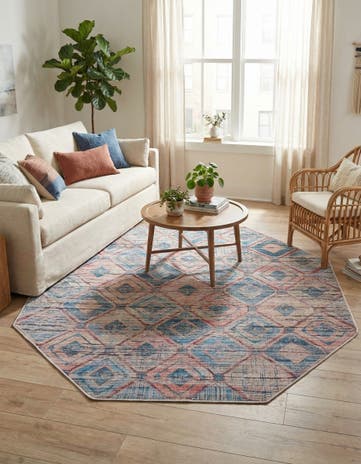 Peach and Blue Washable Sisu Octagon Rug