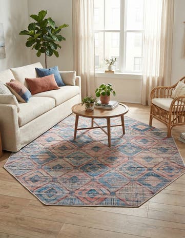 Peach and Blue Washable Sisu Octagon Rug