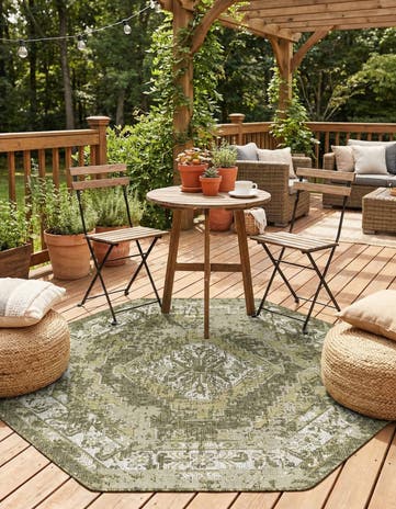 Green Easy-Clean Traditional Indoor / Outdoor Octagon Rug
