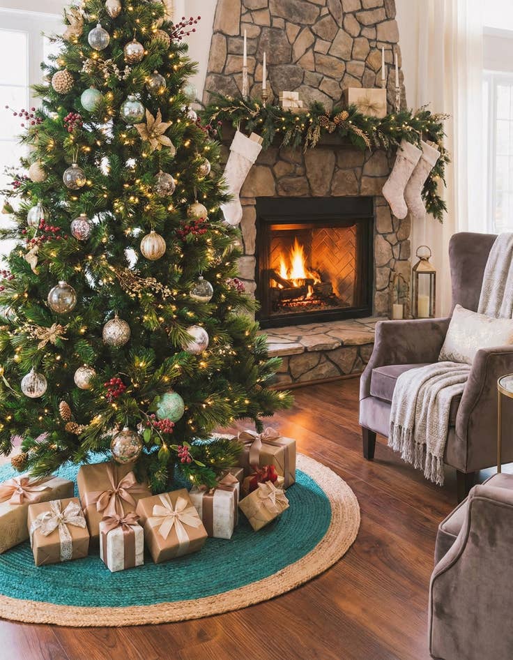 Detail image of 6' 1 x 6' 1  Hand Braided Christmas Tree Skirt