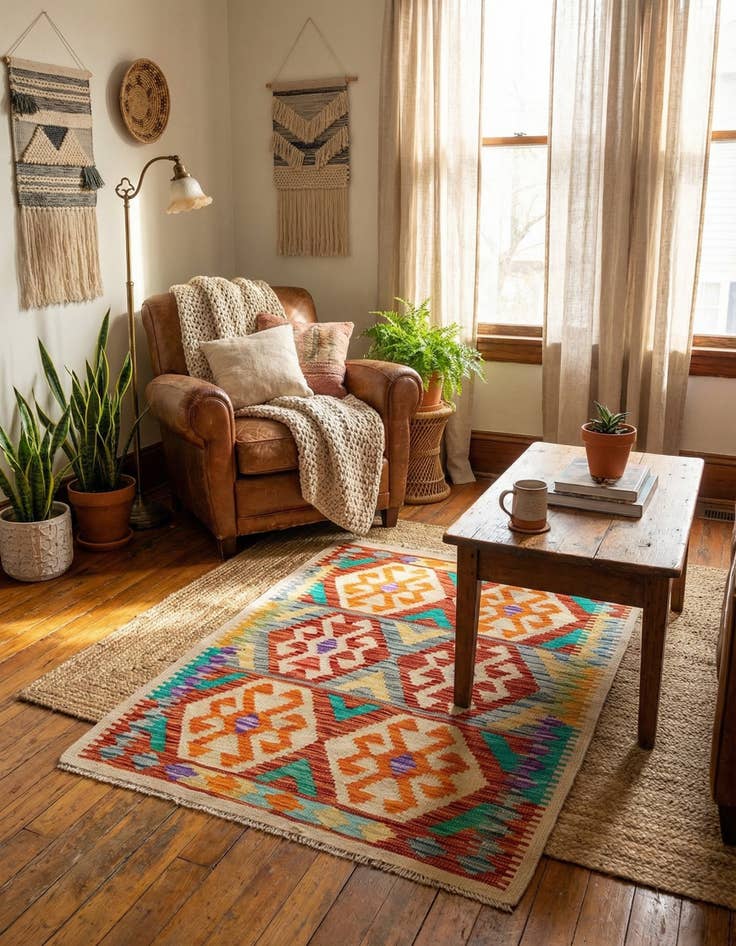 Detail image of 2' 10 x 4'  Hand Woven Kilim Maymana Wool Rug