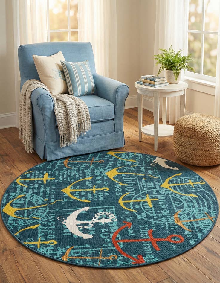 Detail image of 5' x 5'  Washable Coastal Indoor / Outdoor Round Rug