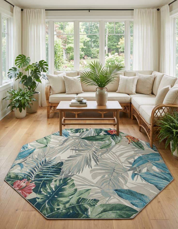 Detail image of 7' 10 x 7' 10  Washable Botanical Indoor / Outdoor Octagon Rug