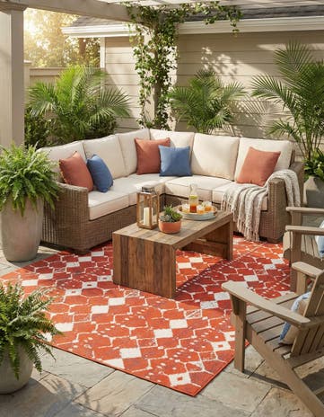 Rust Red Easy-Clean Lattice Indoor / Outdoor Square Rug
