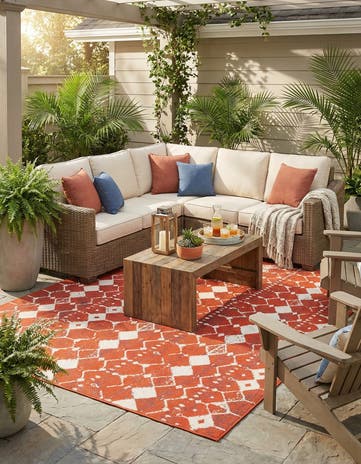 Rust Red Easy-Clean Lattice Indoor / Outdoor Square Rug