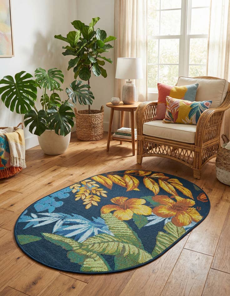 Detail image of 2' 2 x 3'  Washable Botanical Indoor / Outdoor Oval Rug