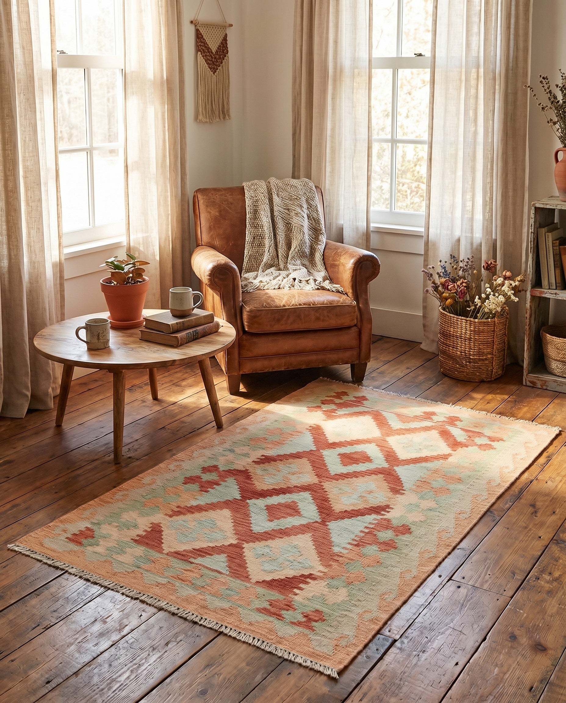 2' 7 x 4' Hand Woven Kilim Waziri Wool Rug
