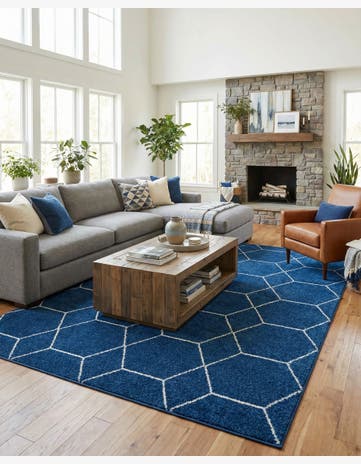 Navy Blue Lattice Frieze Rug