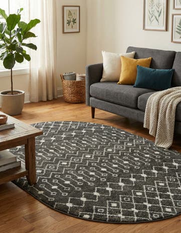 Dark Gray Moroccan Trellis Oval Rug