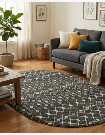 Dark Gray Moroccan Trellis Oval Rug