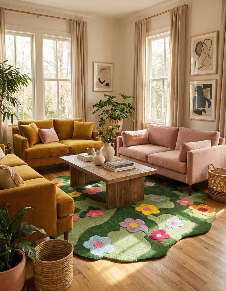 Detail image of  7' 1 x 7' 1 Happy Rugs Moss Funky Flower Wool Round