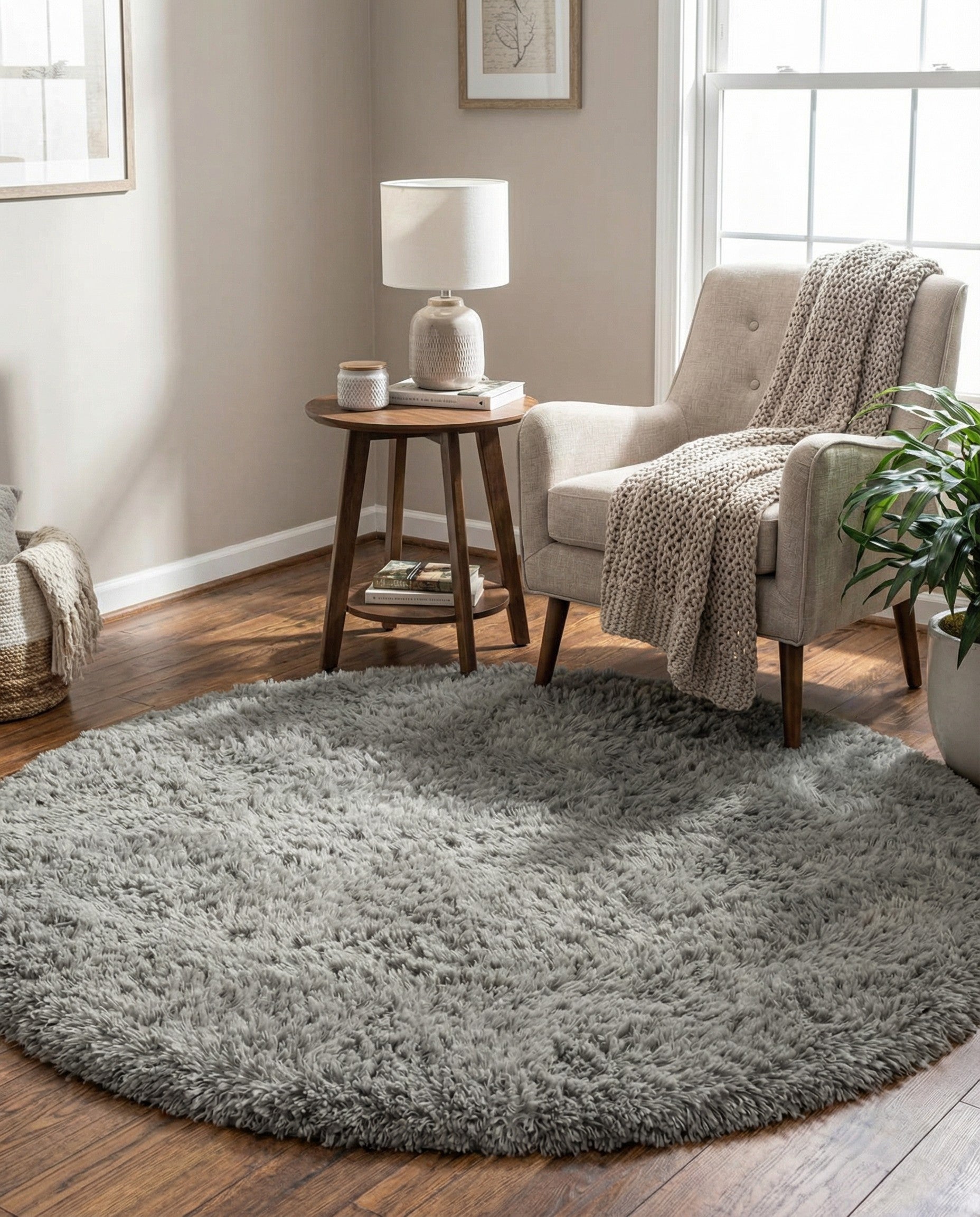 A 5' 0 x 5' 0 round gray shag rug with a textured, plush pile, perfect for adding softness to any indoor space.