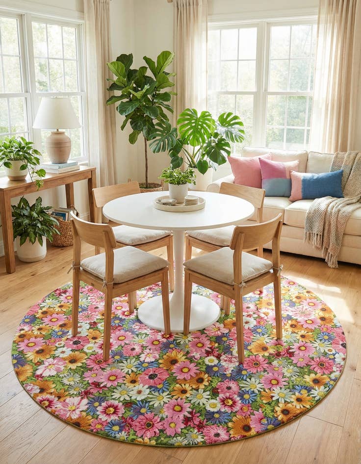Detail image of  8' x 8'  Washable Botanical Indoor / Outdoor Round Rug