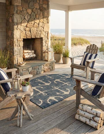 Blue Easy-Clean Coastal Indoor / Outdoor Hearth Rug