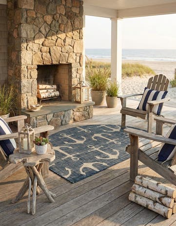 Blue Easy-Clean Coastal Indoor / Outdoor Hearth Rug