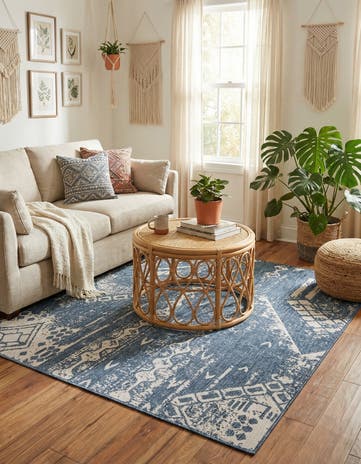 Blue Easy-Clean Bohemian Indoor / Outdoor Square Rug
