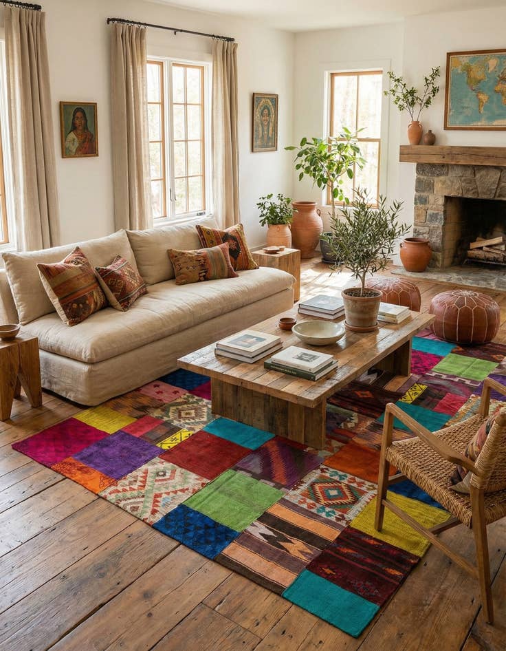 Detail image of  6' 9 x 10'  Hand Woven Kilim Patchwork Wool Rug