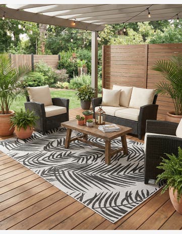 Charcoal Ivory Easy-Clean Botanical Indoor / Outdoor Rug