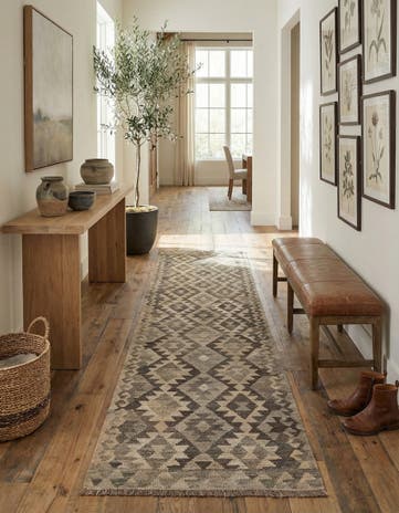 2' 11 x 9' 7 Hand Woven Kilim Maymana Wool Runner Rug