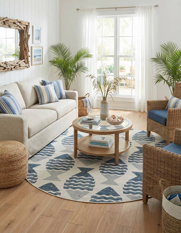Detail image of 7' 10 x 7' 10  Washable Coastal Indoor / Outdoor Round Rug