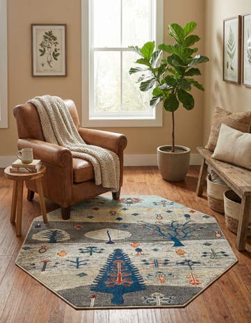 Ivory Gray Blue Washable Vivid Octagon Rug