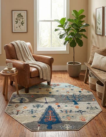 Ivory Gray Blue Washable Vivid Octagon Rug