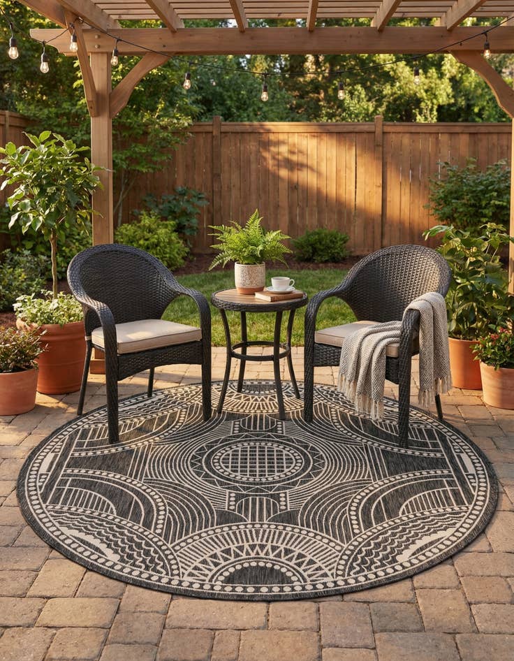 Detail image of 7' 10 x 7' 10 Easy-Clean Traditional Indoor / Outdoor Round Rug