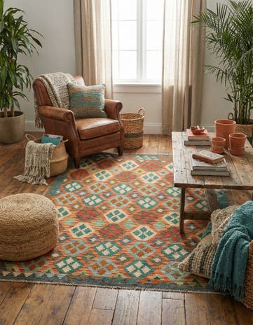 5' x 6' 5 Hand Woven Kilim Maymana Wool Rug