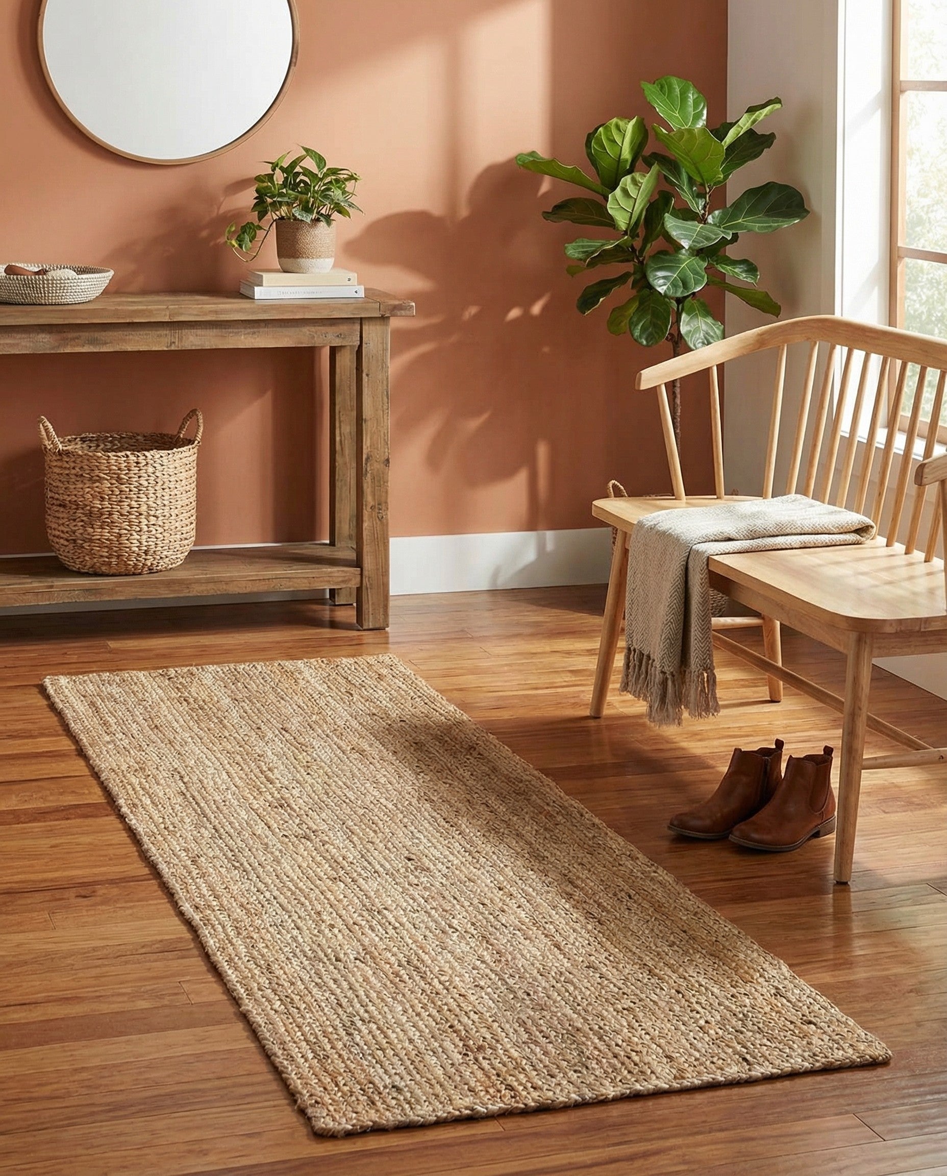 A close-up view of an 8 Ft Braided Jute Runner Rug, showcasing its natural brown and tan textured weave.