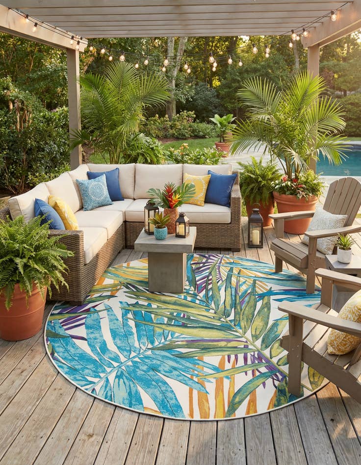 Detail image of 10' x 10'  Washable Botanical Indoor / Outdoor Round Rug