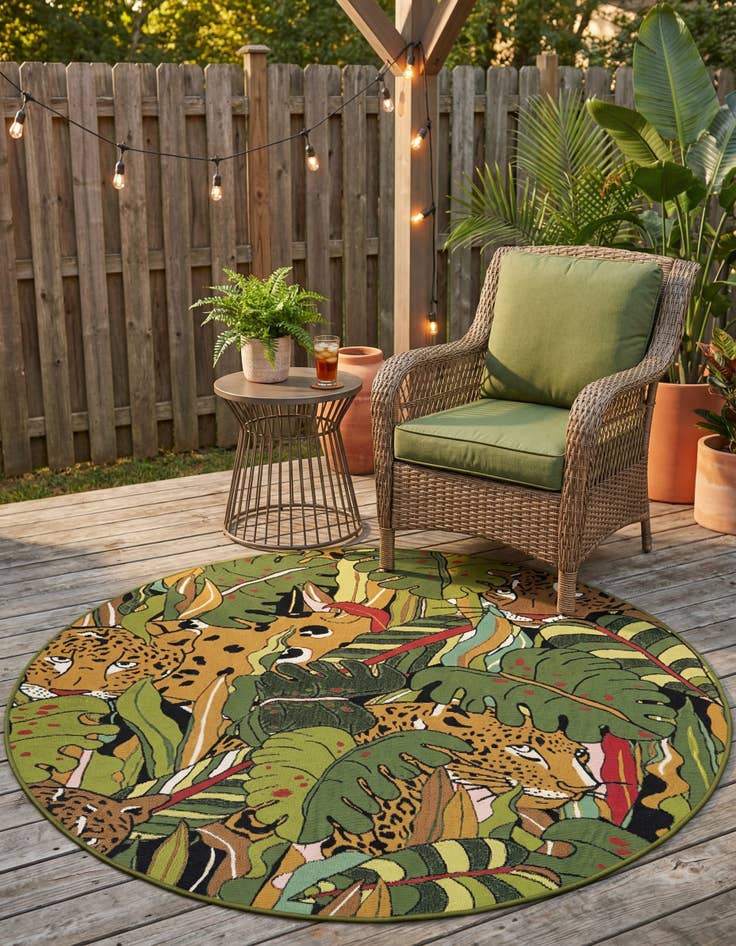 Detail image of 5' x 5'  Washable Botanical Indoor / Outdoor Round Rug