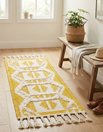 Yellow and White Hand Woven Arizona Wool Runner Rug