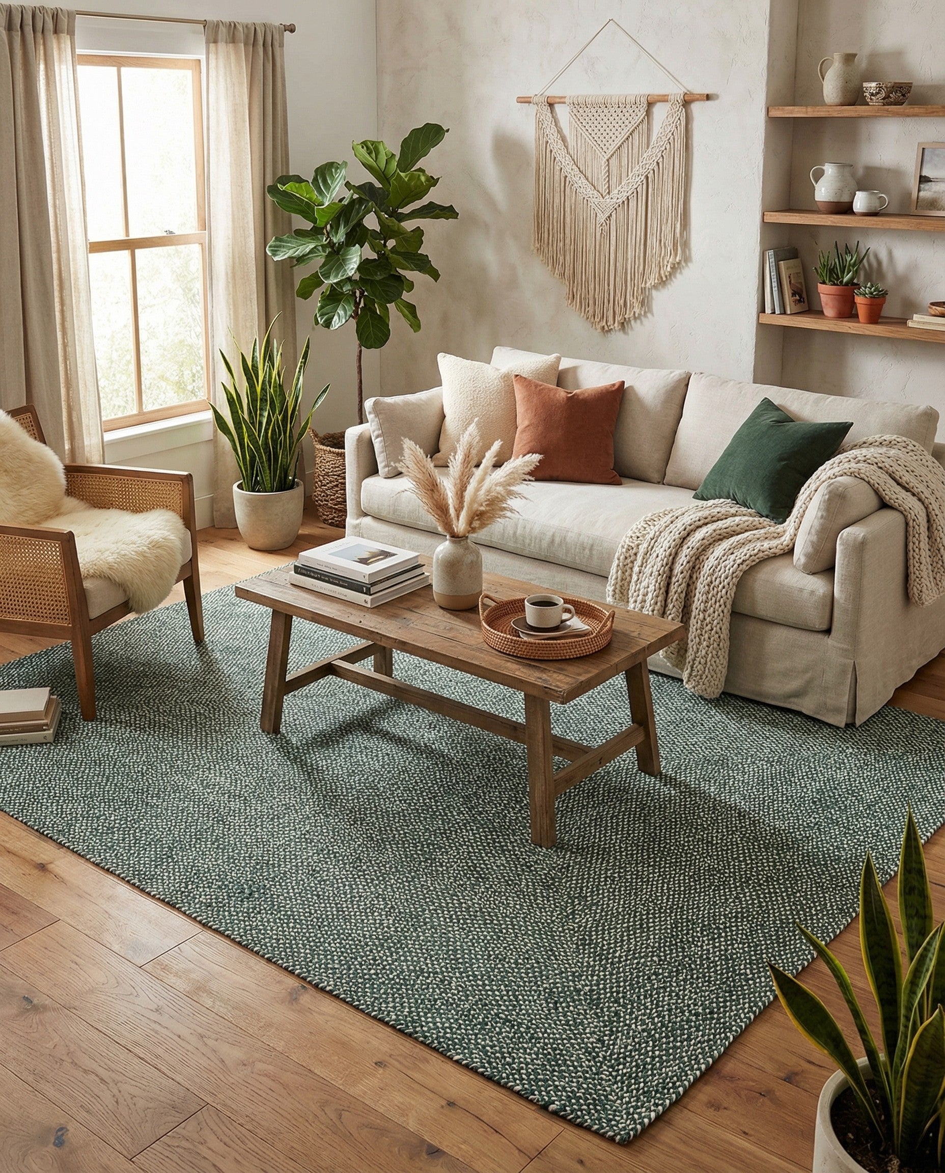 A 9x12 rectangular Rugs.com Tweed Braided Jute rug in a deep green, showcasing its textured, modern weave.