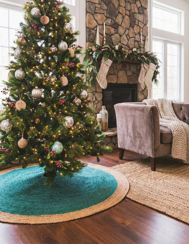 Detail image of  4' 1 x 4' 1  Hand Braided Christmas Tree Skirt