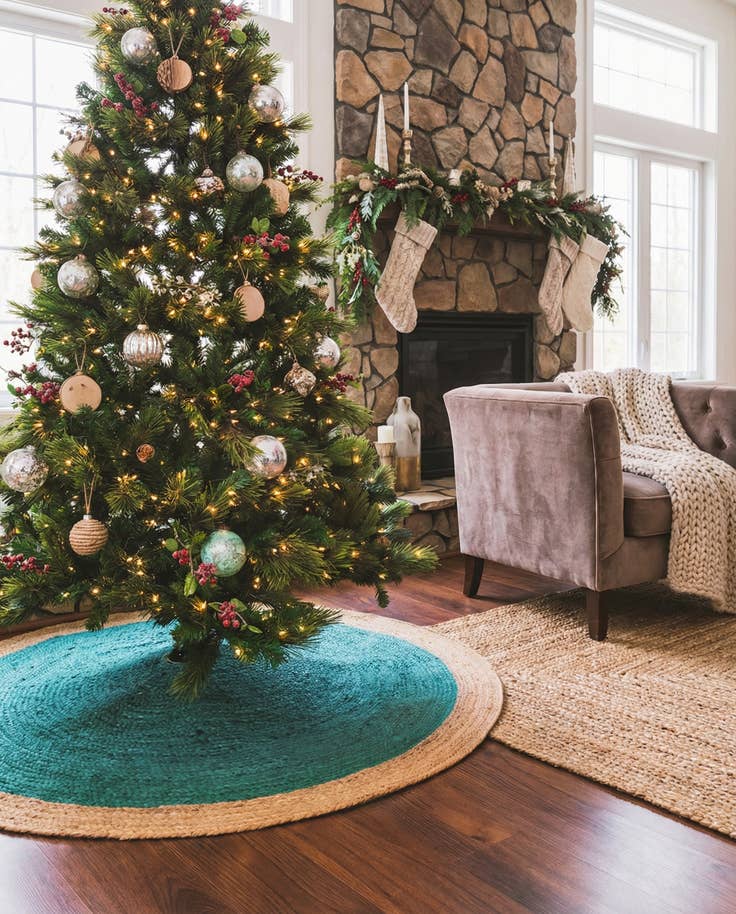 Detail image of 4' 1 x 4' 1 Hand Braided Christmas Tree Skirt