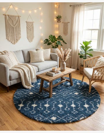 Navy Blue Moroccan Trellis Shag Round Rug