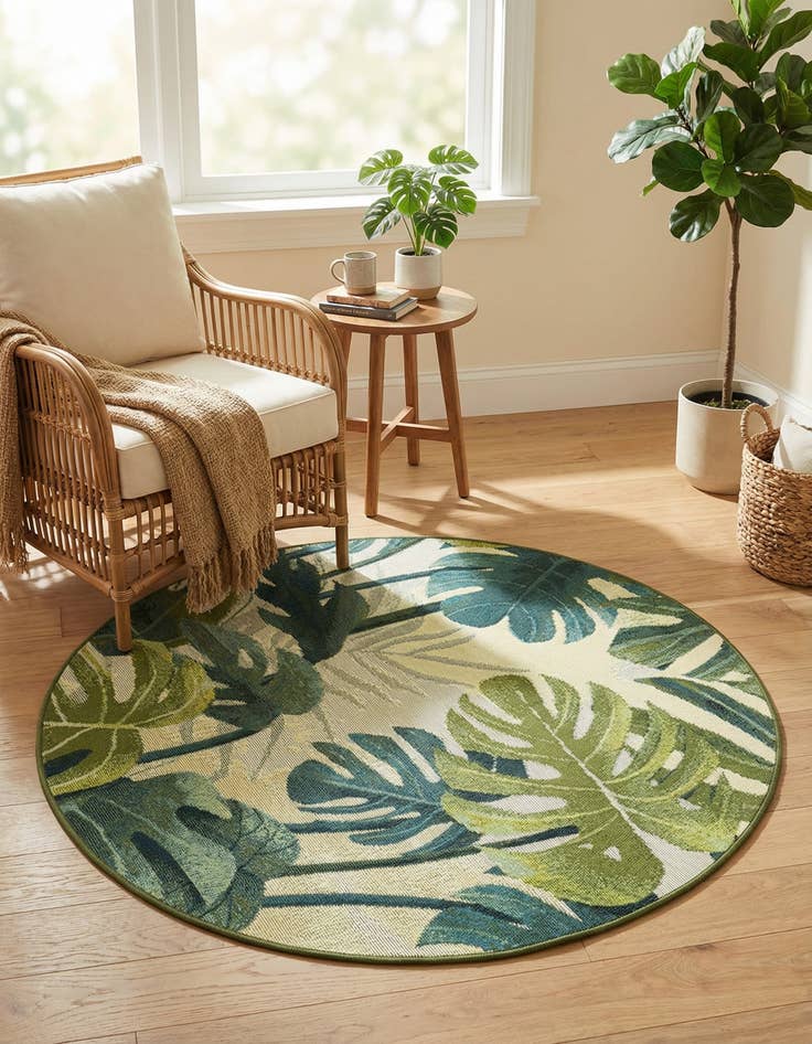 Detail image of 3' x 3'  Washable Botanical Indoor / Outdoor Round Rug