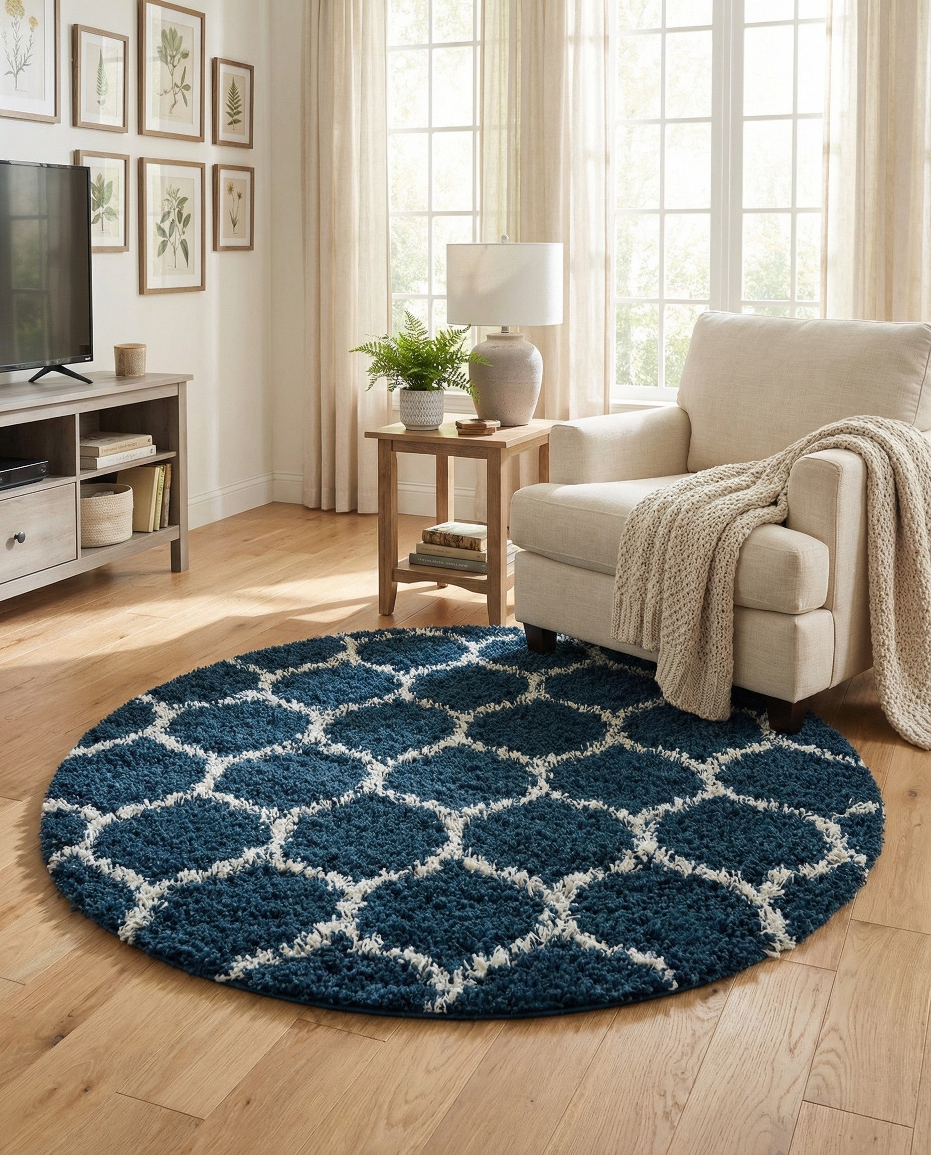 A round 6' 0 x 6' 0 navy blue shag rug with a white modern lattice pattern, showcasing its textured high-low pile.