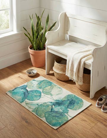 Blue Green Easy-Clean Botanical Indoor / Outdoor Rug
