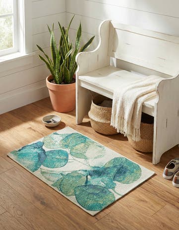 Blue Green Easy-Clean Botanical Indoor / Outdoor Rug