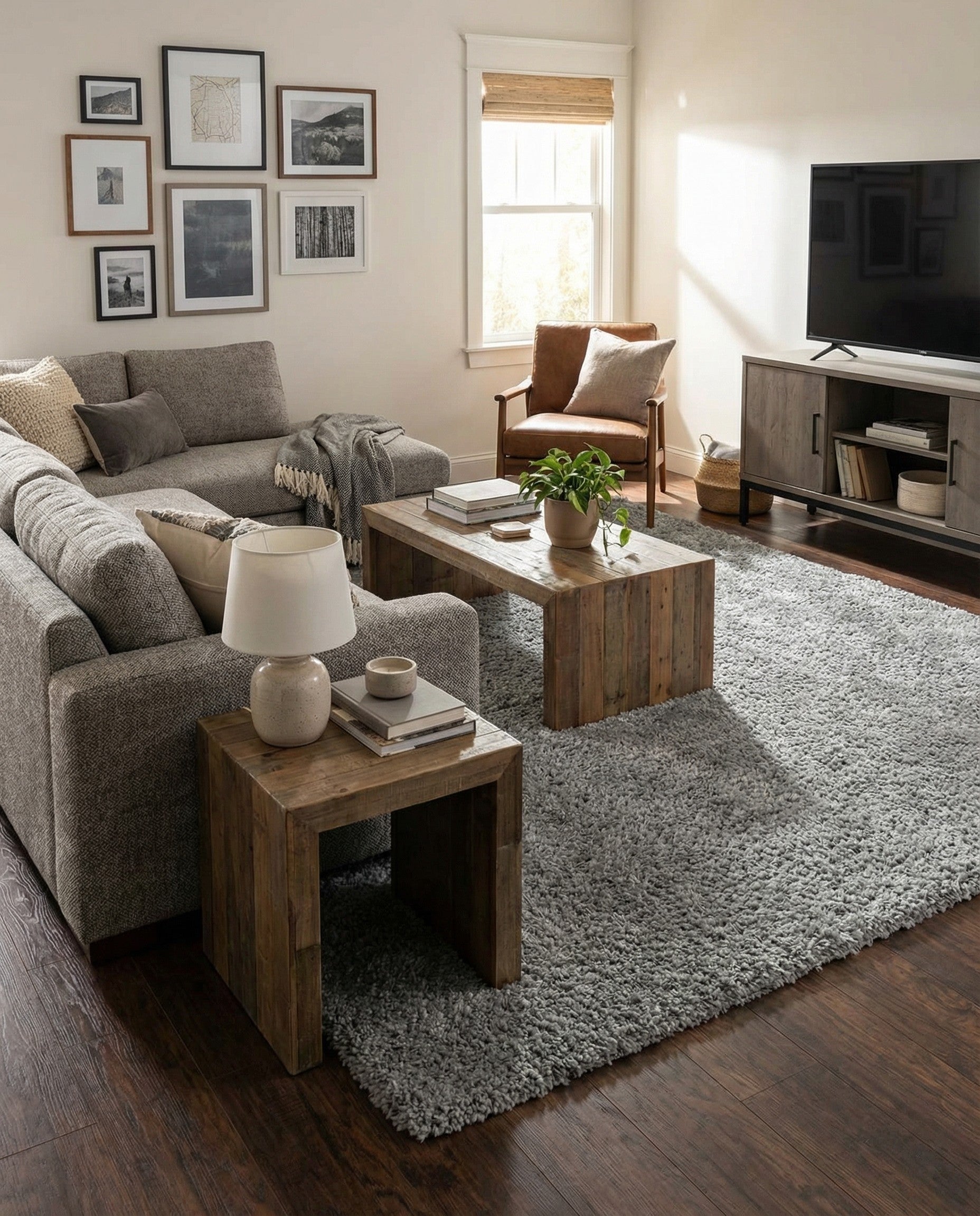 A large 9x12 rectangular gray shag area rug with a textured, plush pile, perfect for a living room.